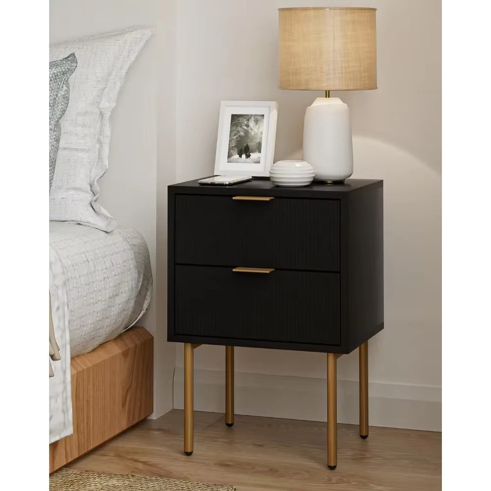 Nightstand,Small Bedside Table with Gold Frame,Black Night Stand,Bedside Furniture,End Table with Two Drawers,Drawer Dresser