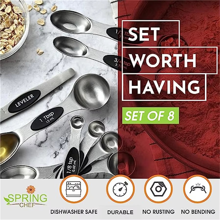 Magnetic Measuring Spoon Set, Double-Sided, Stainless Steel, Suitable for Seasoning Cans, 8-Piece Set