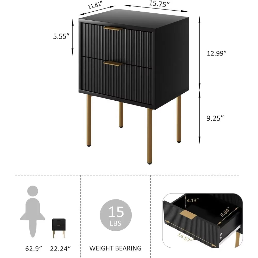 Nightstand,Small Bedside Table with Gold Frame,Black Night Stand,Bedside Furniture,End Table with Two Drawers,Drawer Dresser