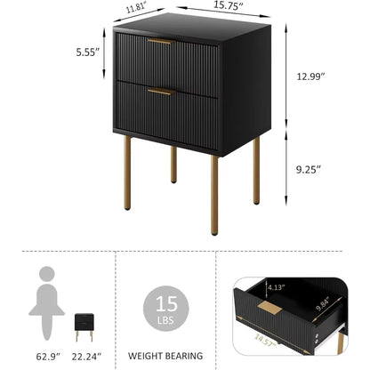 Nightstand,Small Bedside Table with Gold Frame,Black Night Stand,Bedside Furniture,End Table with Two Drawers,Drawer Dresser