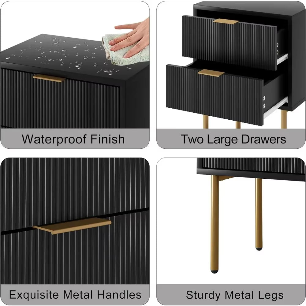 Nightstand,Small Bedside Table with Gold Frame,Black Night Stand,Bedside Furniture,End Table with Two Drawers,Drawer Dresser