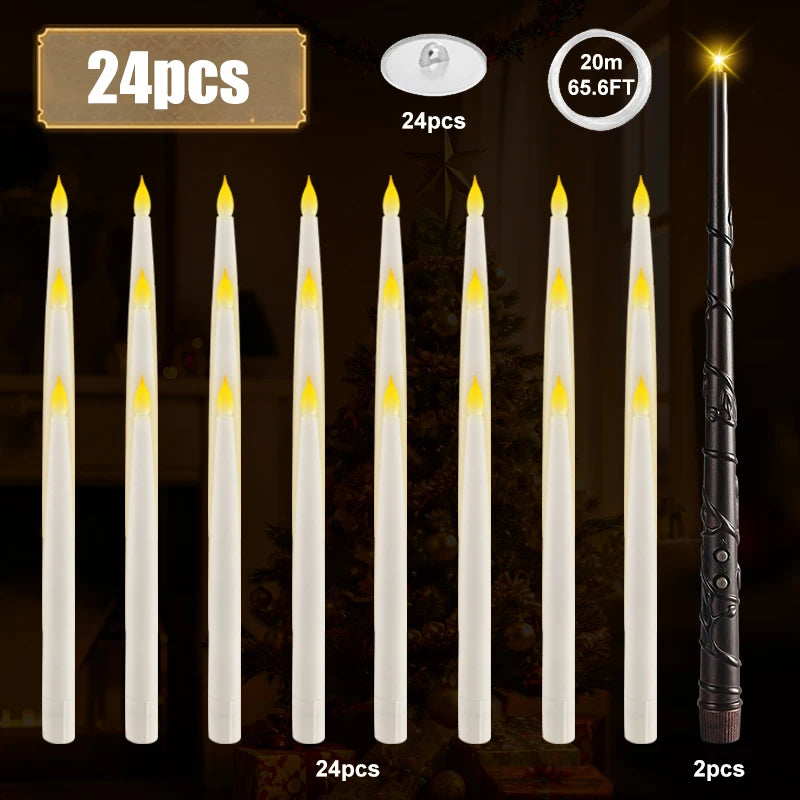 Christmas Floating Candles with Magic Wand Remote,Led Flameless Warm Hanging Candle,Flickering Battery Operated Taper Candle