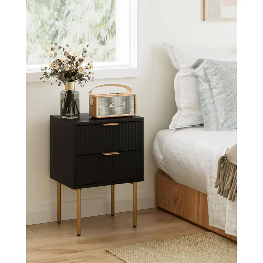 Nightstand,Small Bedside Table with Gold Frame,Black Night Stand,Bedside Furniture,End Table with Two Drawers,Drawer Dresser