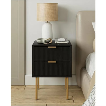 Nightstand,Small Bedside Table with Gold Frame,Black Night Stand,Bedside Furniture,End Table with Two Drawers,Drawer Dresser