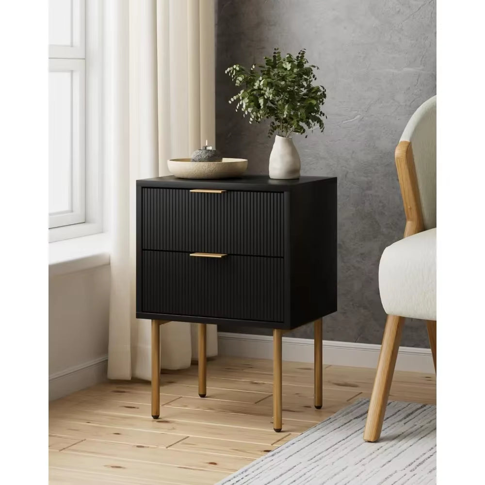 Nightstand,Small Bedside Table with Gold Frame,Black Night Stand,Bedside Furniture,End Table with Two Drawers,Drawer Dresser